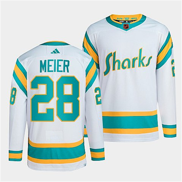 Men's San Jose Sharks #28 Timo Meier White 2022-23 Reverse Retro Stitched Jersey